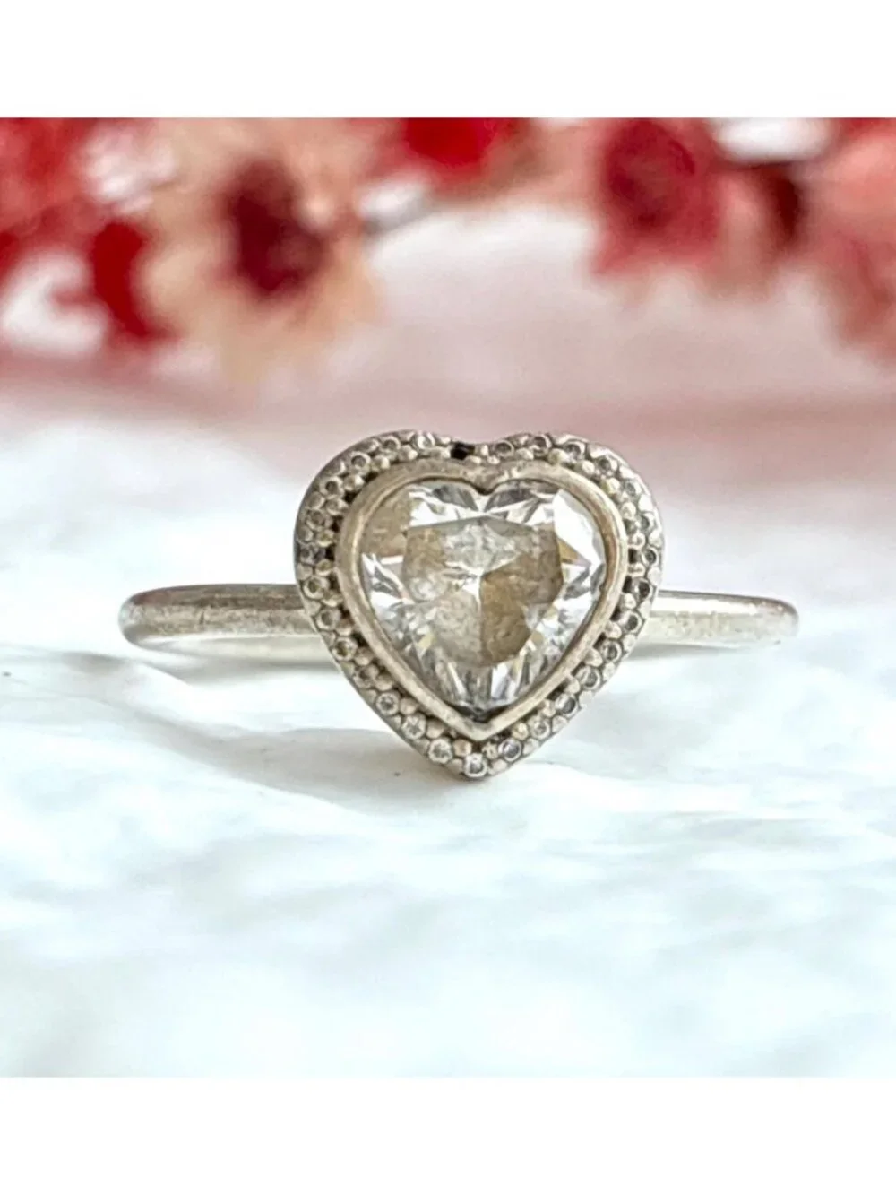 Heart Shaped CZ Gemstone Accented Sterling Silver 925 Vintage Ring - sz 7